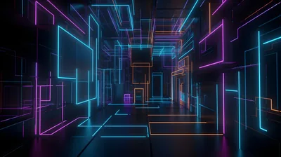 A rendered room built from blue and pink light lines recedes into darkness, edges and floor joints all traced in neon.