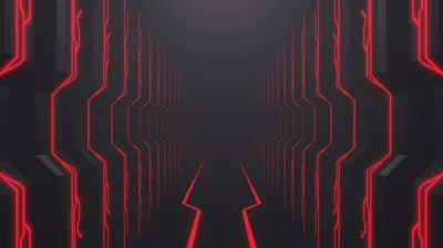 Angular circuit lines glow red down both walls of a dark corridor, meeting at a bright arrow shape in the centre.
