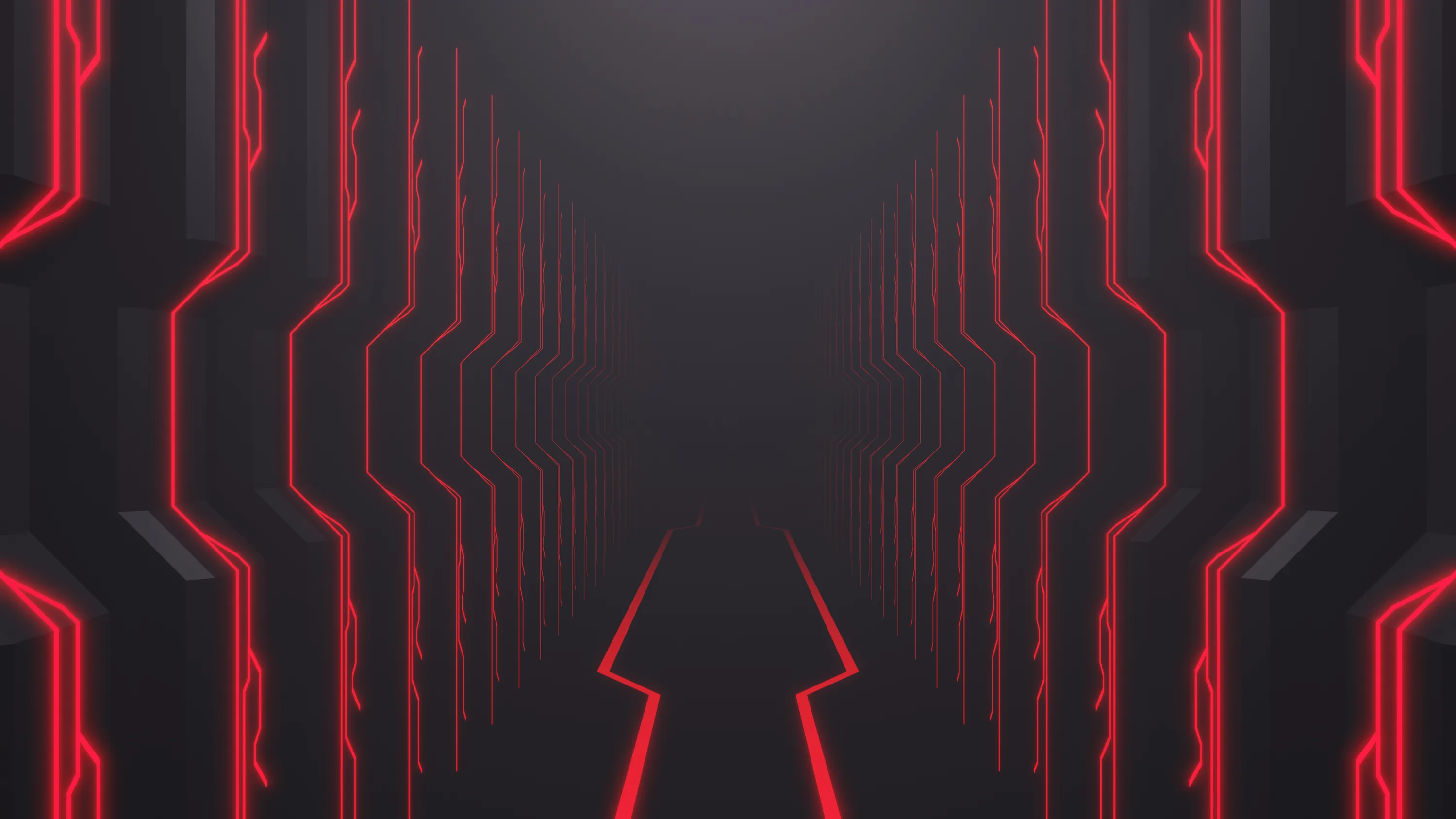 Angular circuit lines glow red down both walls of a dark corridor, meeting at a bright arrow shape in the centre.