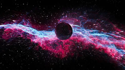 An unlit planet sits at the centre of a magenta and blue nebula, the gas spreading out in wings on either side.