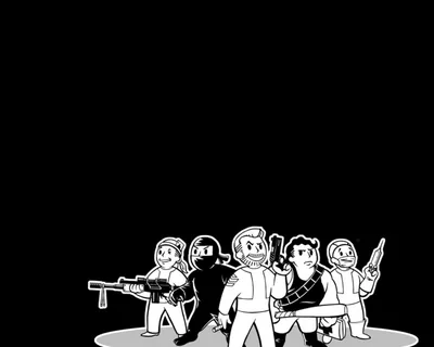 A row of small cartoon vault dwellers with rifles and thumbs up sits low in the frame, the whole top half left black.