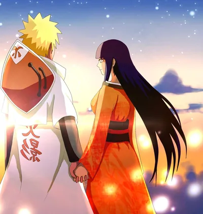 Naruto in his white Hokage cape takes Hinata's hand as her orange kimono catches the sunset, golden bokeh lights floating up the right side of the frame.