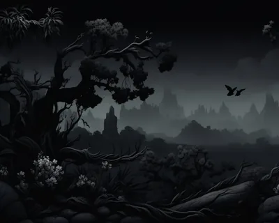 Gnarled black trees frame distant castle spires in grey mist, two birds crossing the pale gap right of centre and small flowers catching light below.