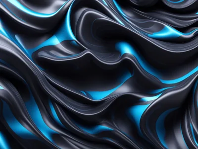 Glossy black folds roll across the frame like poured metal, cyan light trapped in the troughs between each ridge.