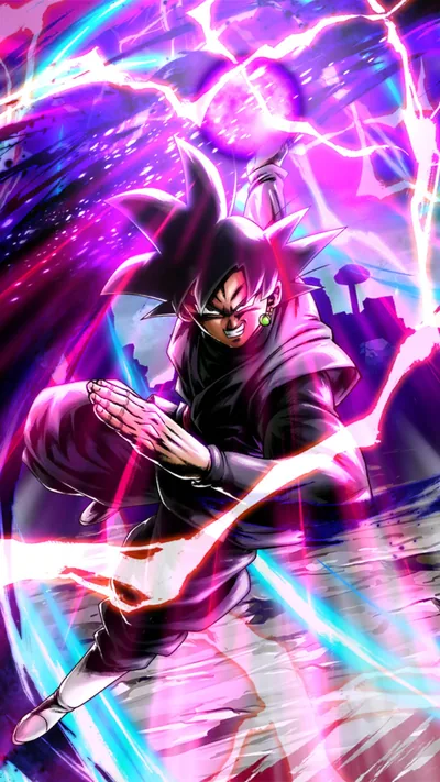 Card art of black-haired Goku Black bracing low behind crossed forearms, forked purple lightning on every side, the brightest pink orb sitting top left where a clock lands.