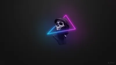 A skull in a wide hat sits inside a pink and blue neon triangle at the centre of a soft dark grey field with nothing else in view.