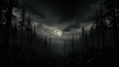 Bare trunks lean in from both sides of a clearing while a large moon burns through heavy cloud at the centre.