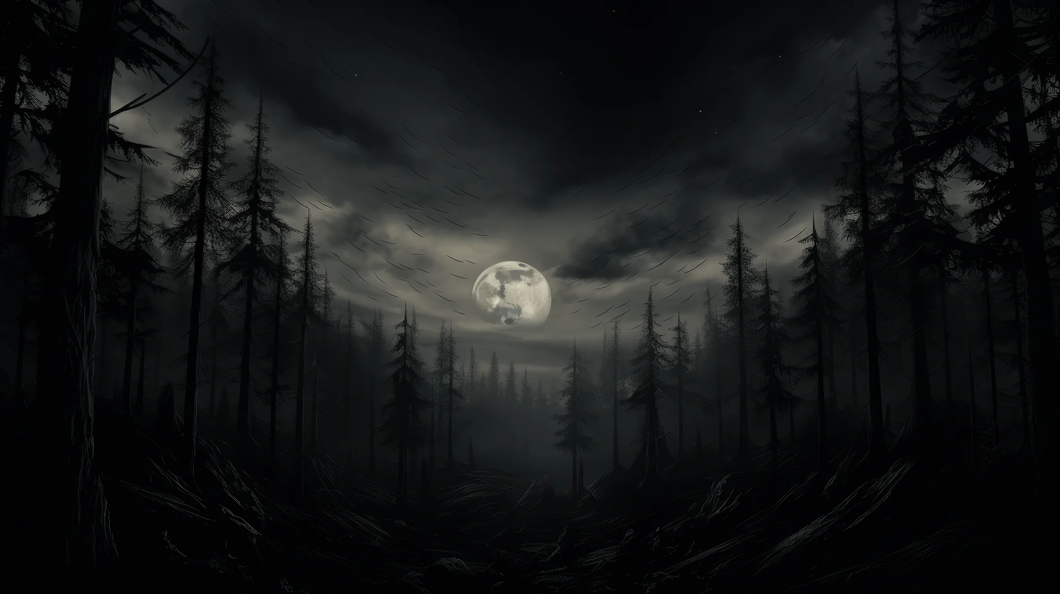 Bare trunks lean in from both sides of a clearing while a large moon burns through heavy cloud at the centre.