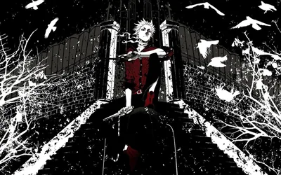 A red-vested character sits on a stone throne at the top of a stairway, bare branches and birds splattered in white ink around him.