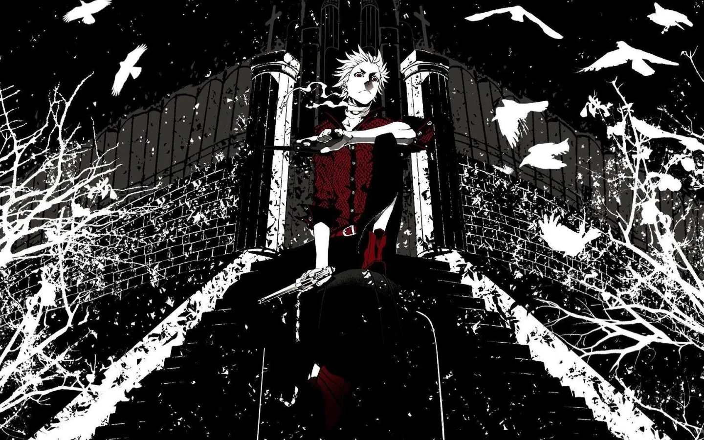 A red-vested character sits on a stone throne at the top of a stairway, bare branches and birds splattered in white ink around him.