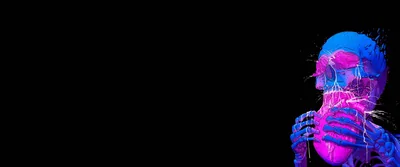 A skull and ribcage break apart into pink and cyan fragments on the right, the left two-thirds left completely black.
