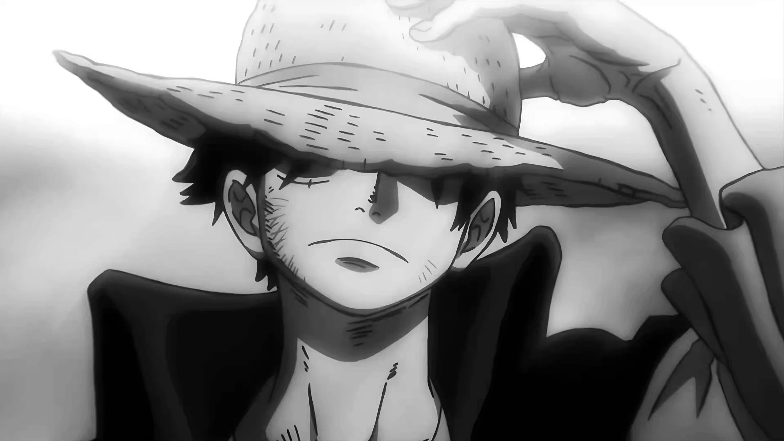 Luffy tips his straw hat back with one hand, the scene rendered in soft grey screentone with a scar visible under his eye.