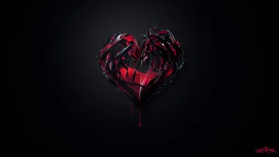 A heart built from jagged shards of dark red glass hangs in the middle of a near-black field, its edges torn and a thin drip running from the point.