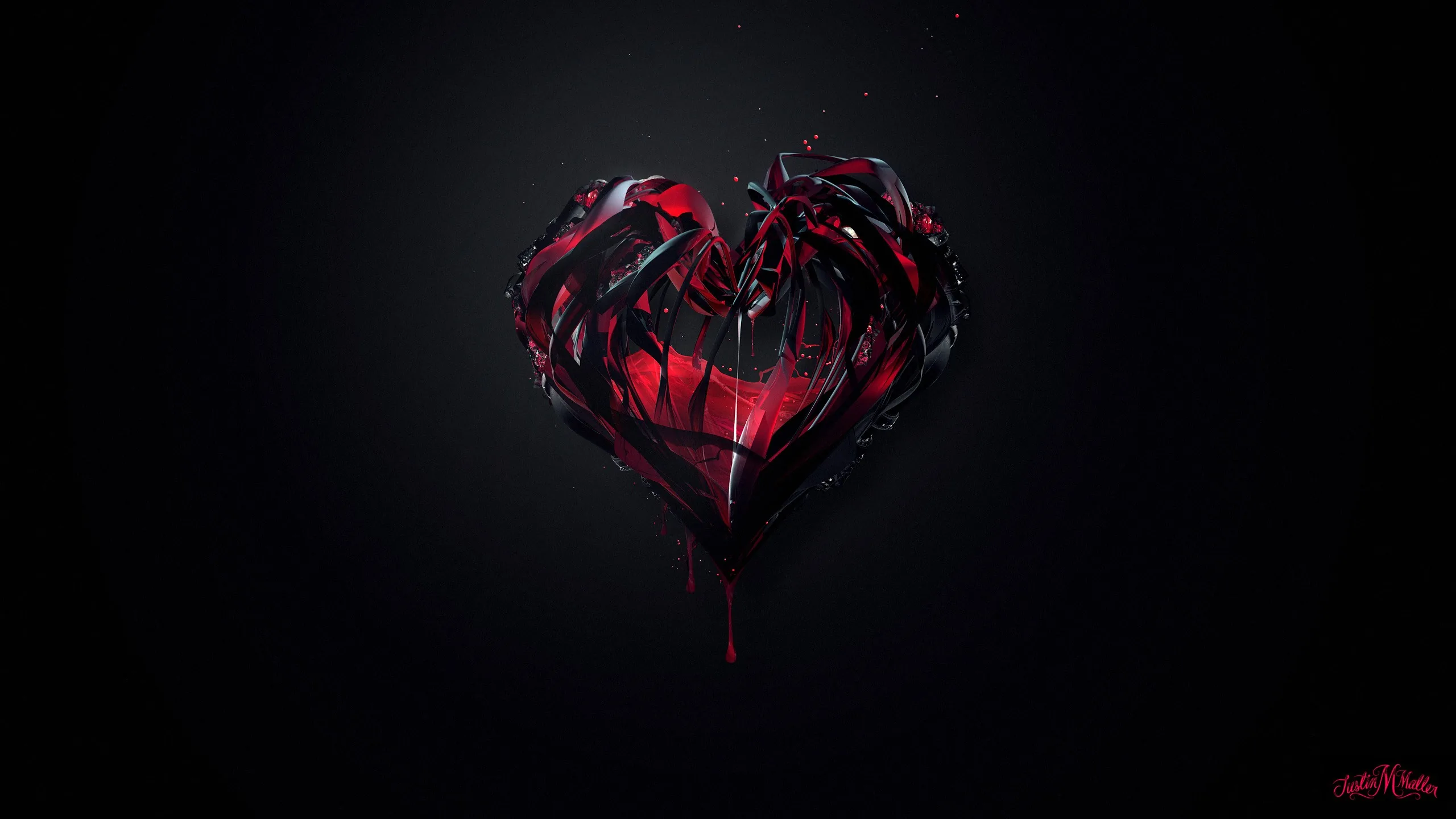 A heart built from jagged shards of dark red glass hangs in the middle of a near-black field, its edges torn and a thin drip running from the point.