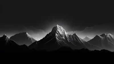A central peak catches a pale glow while ridges fade back into grey haze behind it, the foreground slopes dropping to solid black.