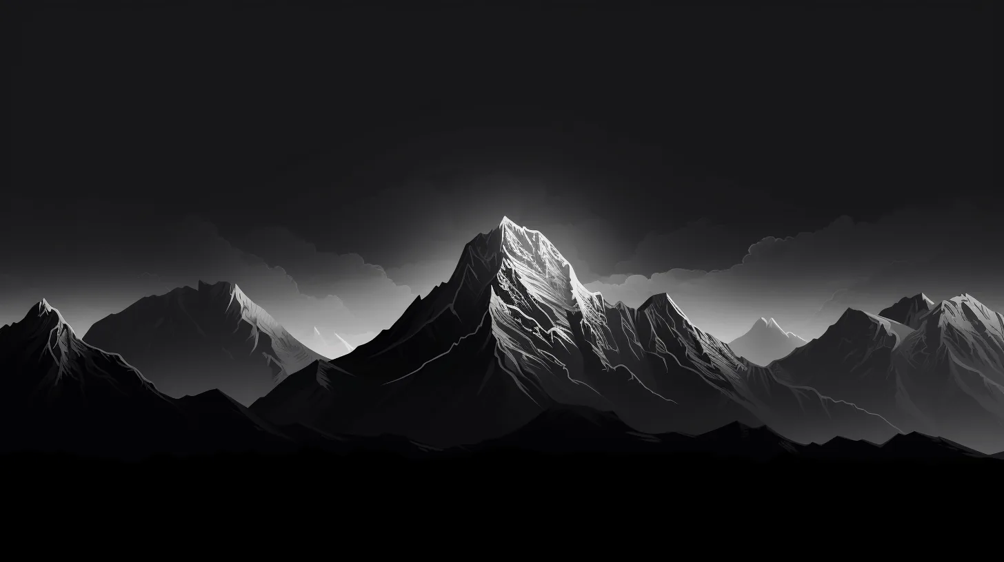 A central peak catches a pale glow while ridges fade back into grey haze behind it, the foreground slopes dropping to solid black.