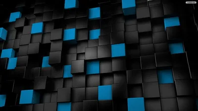 A wall of glossy black cubes recedes toward a vanishing point on the left, scattered faces lit in bright blue among the dark ones.