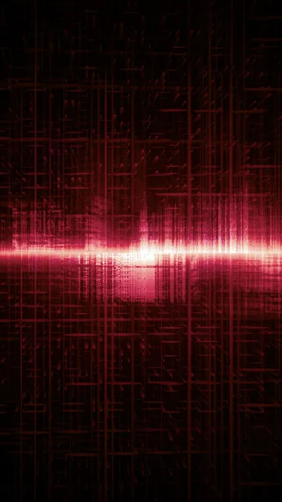 A crosshatched grid of thin red lines fills the frame, split by a horizontal band of white light burning through the middle.