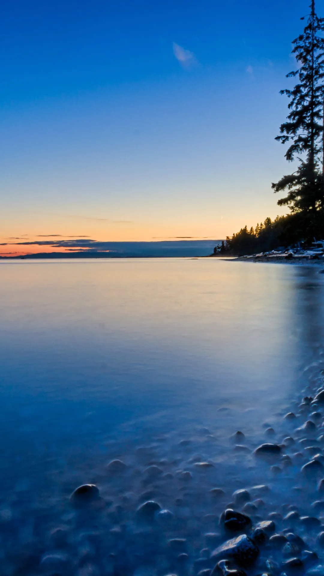 Long exposure over still water, pine silhouettes crowding the right bank and rounded stones filling the foreground under a deep blue sky.