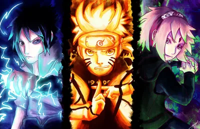 Three glowing panels set blue-lit Sasuke, flame-wrapped Naruto and pink-haired Sakura side by side, the black gaps between them resting dark on OLED screens.