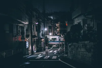 One person stands at a zebra crossing on a narrow residential street at night, a single streetlight at centre while the buildings on both sides fall into blue-grey shadow.