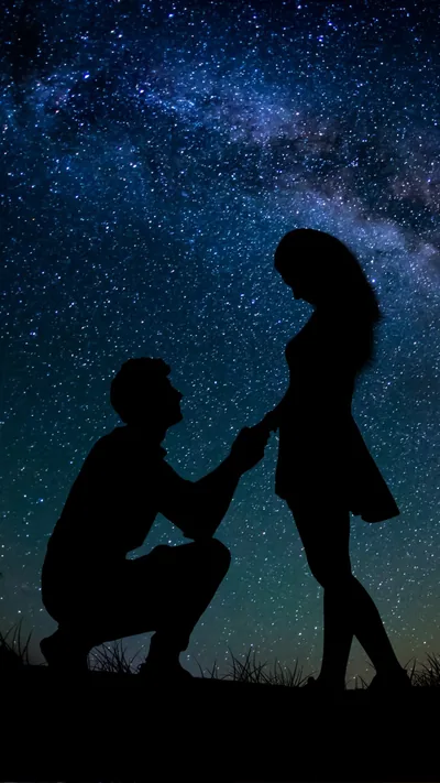 A man kneels and holds her hand while the Milky Way arcs overhead, both figures cut out in solid black against a field of blue and violet stars.