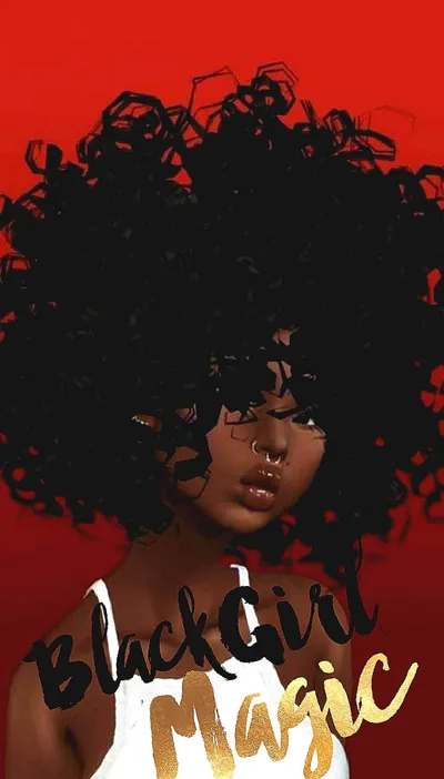 Huge black curls fill the upper frame against a red backdrop that darkens toward the top, gold brush lettering reading Black Girl Magic near the base.