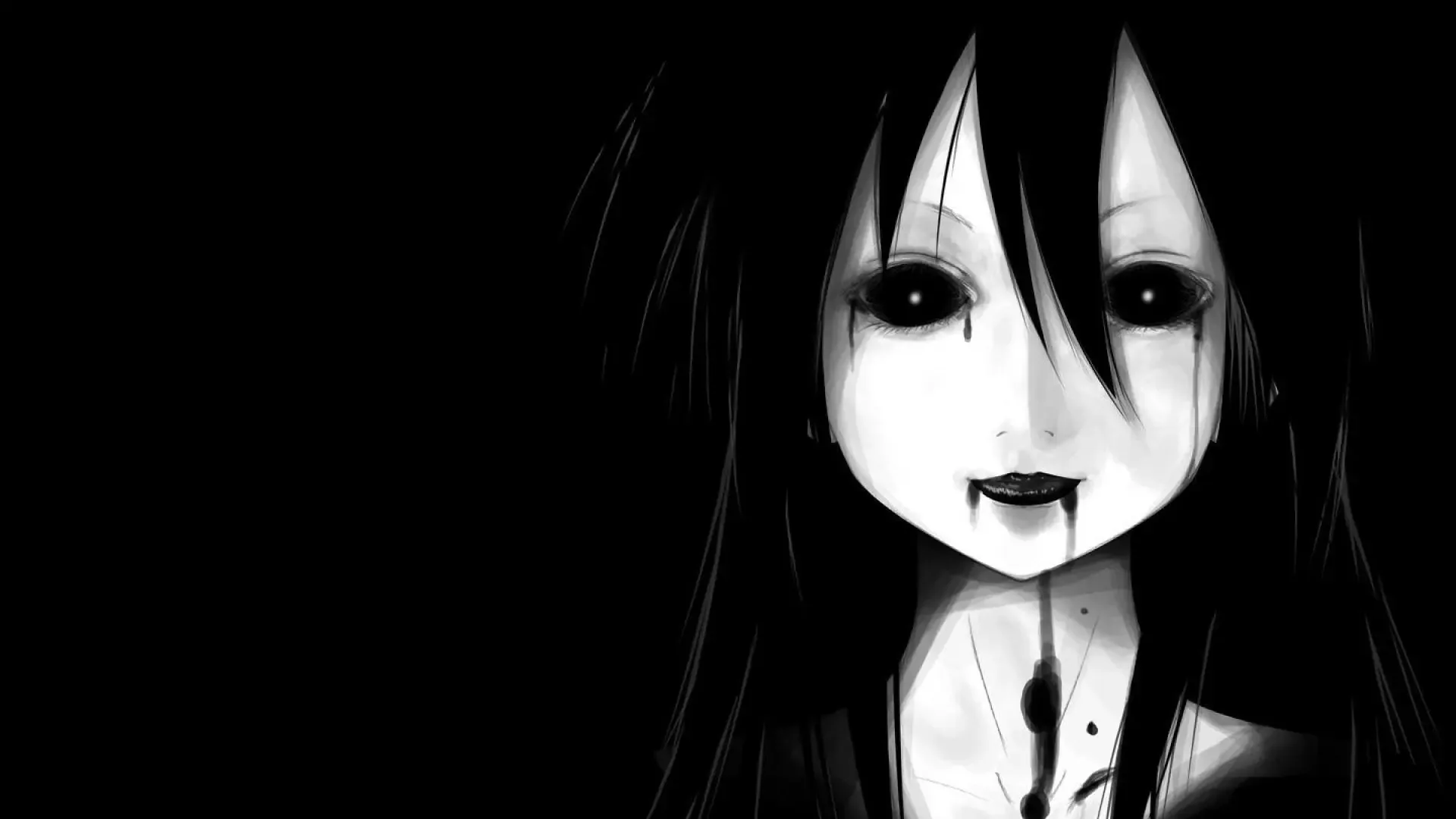A pale face with blank staring eyes emerges from black hair on the right side of the frame, dark trails running from her mouth, the left half left empty.