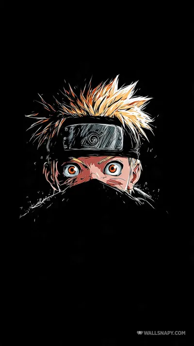 Only the eyes, headband and spiked blond hair show above a dark mask, painted in loose strokes on a black background.