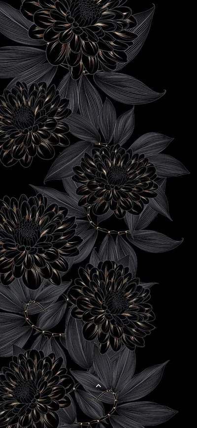 Carved black dahlias and leaves run up the left side of a tall frame, faint gold tracing the petal edges while the right half stays pure black.
