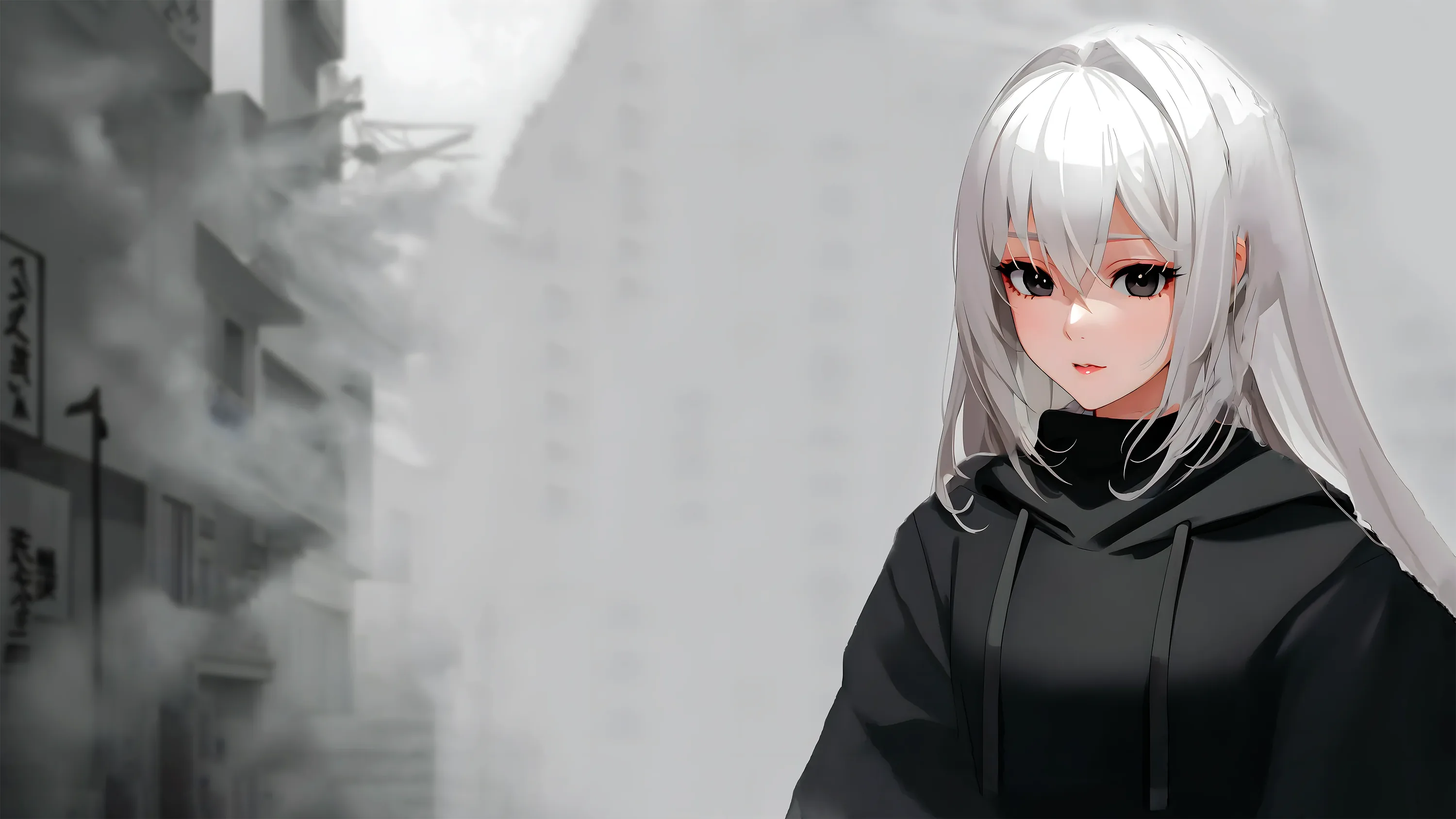 Long pale hair over a black hooded coat, a grey street fading into mist behind her with almost no colour left in it.