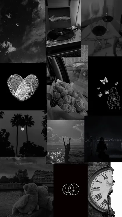 Small grey pictures - a fingerprint heart, a butterfly, a clock face, palm trees at dusk - packed into an uneven grid down a tall frame.