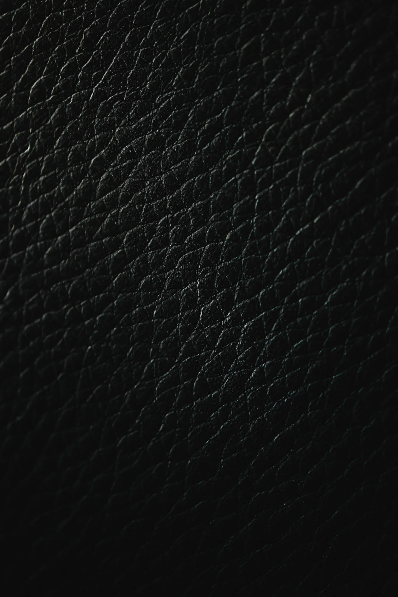 Pebbled leather photographed at an angle, the raised grain picking up a dim light from the left while the folds stay dark.