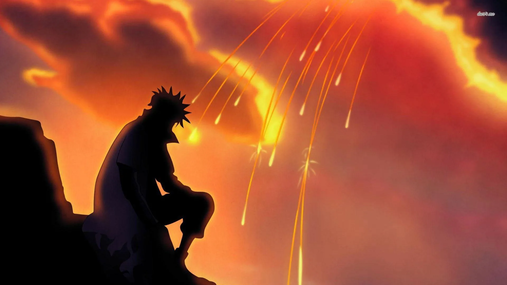 A spiky-haired ninja crouches in silhouette on a rock ledge as embers rain down a burning orange sky, every detail reduced to black shapes.