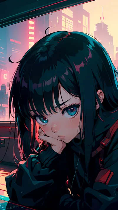 Chin resting on her hand, hood pulled over black hair, she stares out past the glass at a cyberpunk skyline of magenta and blue signage.