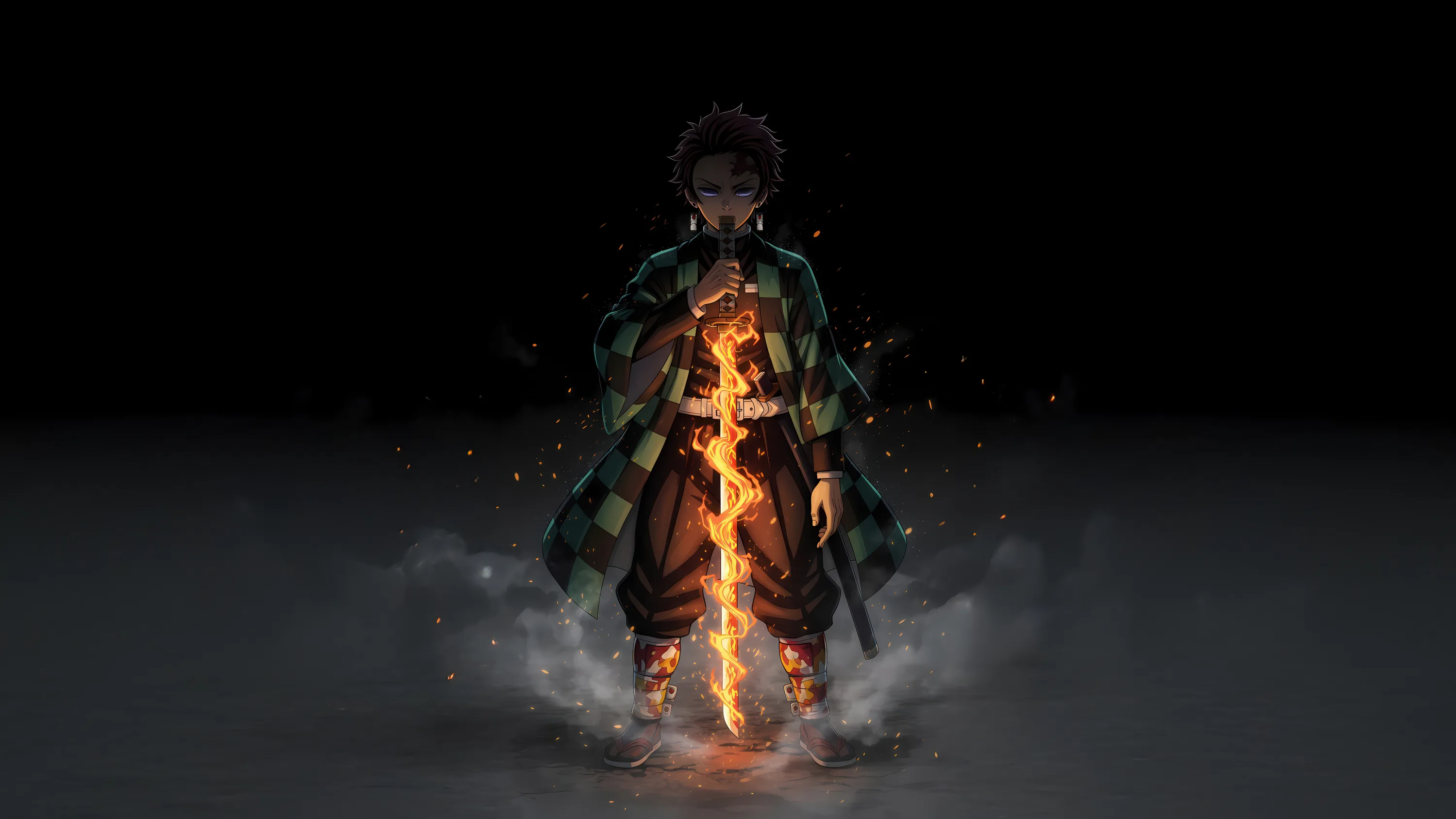 A lone swordsman stands in darkness with flame climbing his body in a thin vertical line, pale mist pooling around his feet.