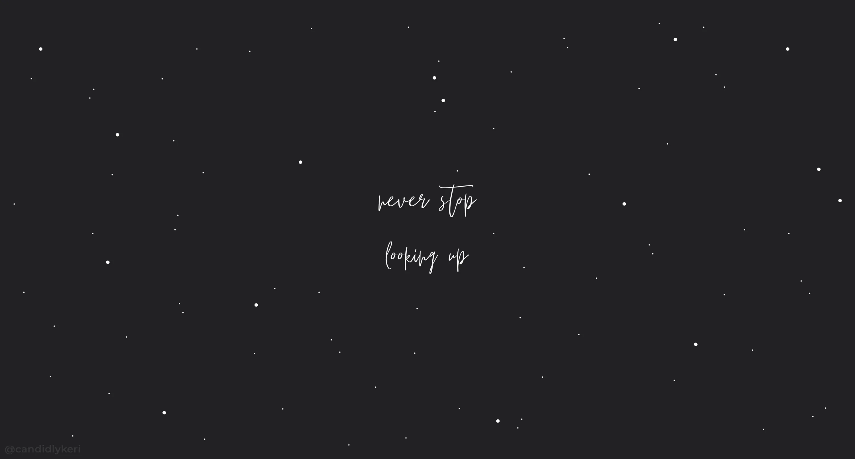 Faint stars scatter over a charcoal night sky with never stop looking up written in thin white script at the centre.