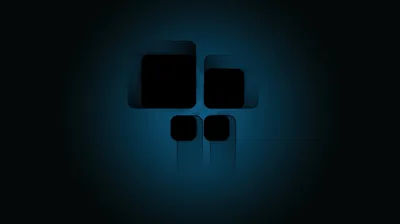 Four rounded black panes float on a dark blue field, a soft halo of light spreading out from behind them.