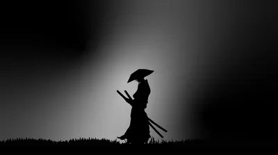 Under a pale grey glow, a swordsman in a straw hat walks the grass line in full silhouette, the light source sitting just behind his head.