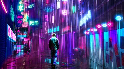 Seen from behind, a man stands mid-lane while rain streaks catch pink and blue sign light from both walls, the wet ground below him staying dark for a dock.