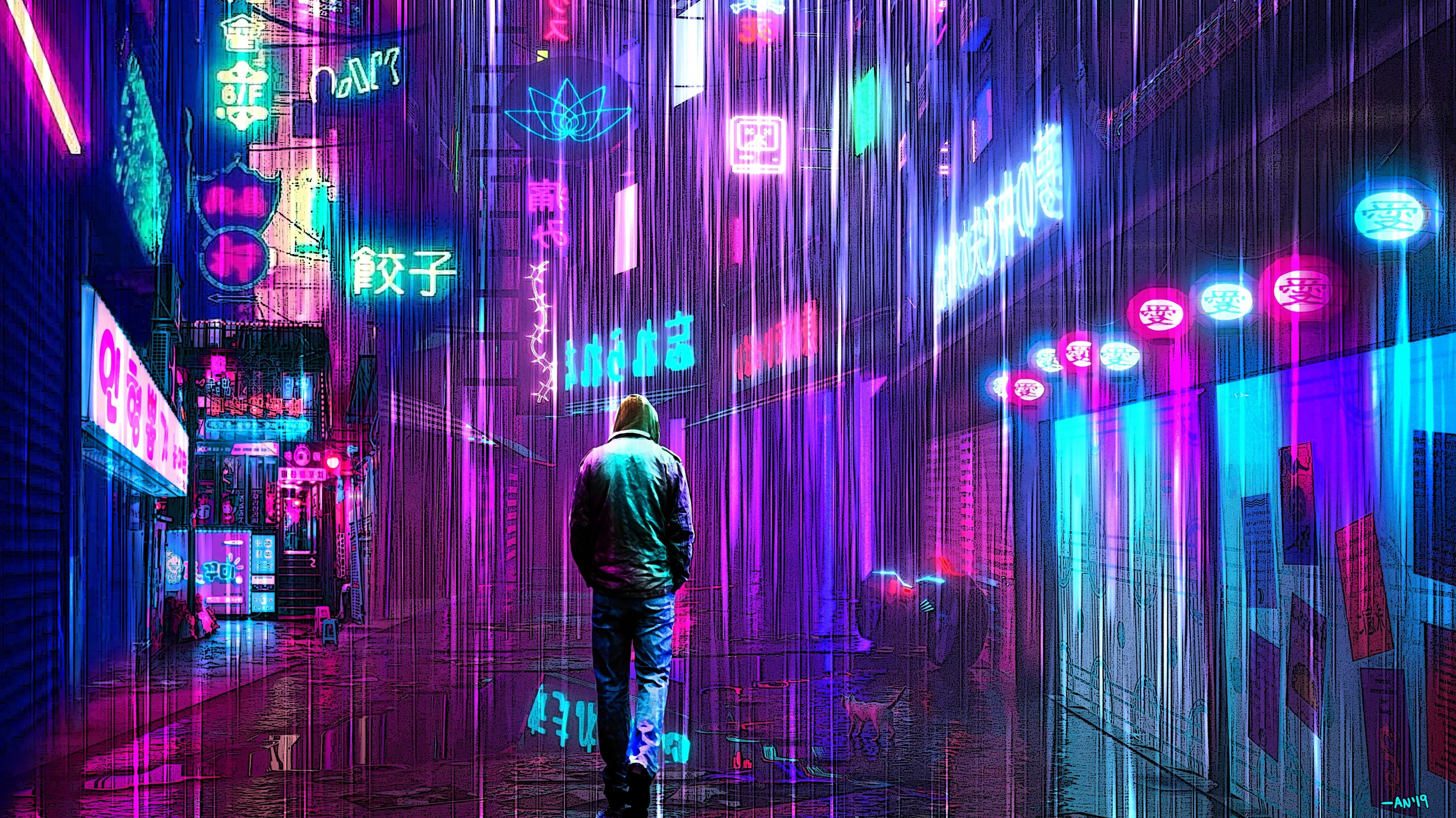 Seen from behind, a man stands mid-lane while rain streaks catch pink and blue sign light from both walls, the wet ground below him staying dark for a dock.