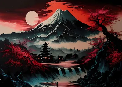 A white moon hangs over Fuji's snow-lined ridges in a red sky, crimson maples closing in from both sides above the waterfall and two small figures.