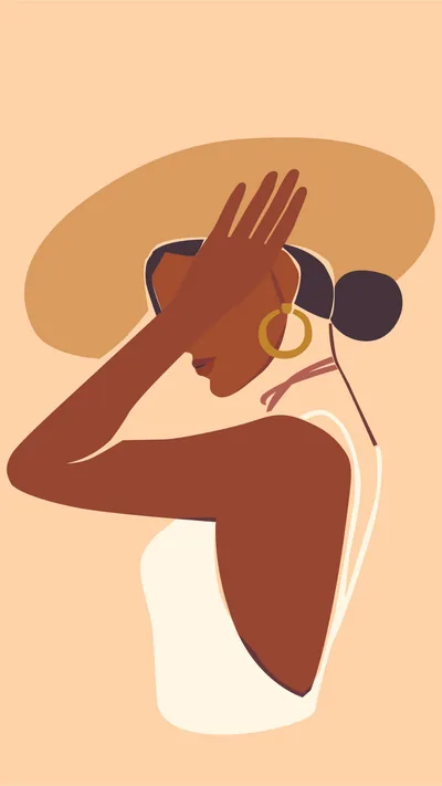 A flat vector illustration of a woman raising one hand to a wide tan hat, gold hoop catching the eye, the peach background bare above the brim.