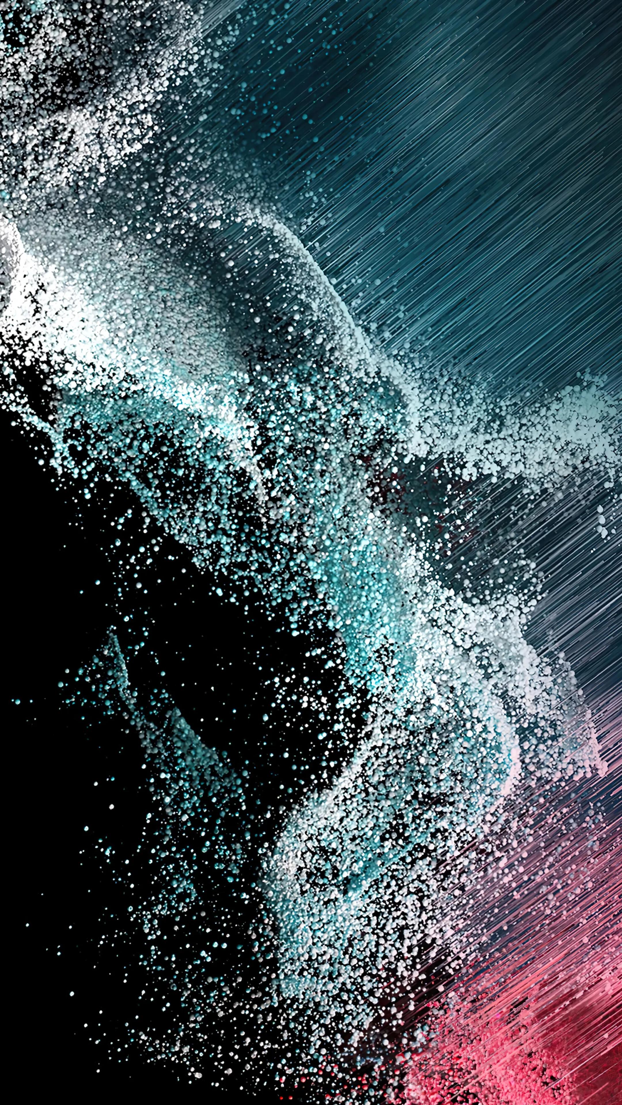 White spray bursts diagonally across a rain-streaked teal field, with a red glow in the bottom-right corner and the lower left kept in plain black.