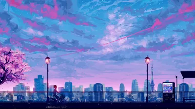 A girl cycles past lamp posts along a railing above the skyline, pink clouds streaking a blue anime sky, with open sky up top for a desktop clock.