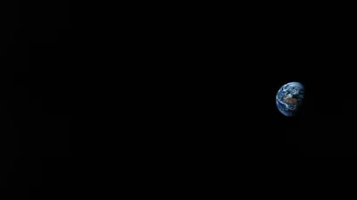 Earth sits small near the right edge, sunlit blue and white, while the rest of the frame is flat black, ideal for OLED and desktop icons.