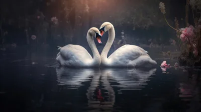 A pair of swans face each other on dark water with their necks curved into a heart, mist behind them and pink blossom hanging at the right edge.