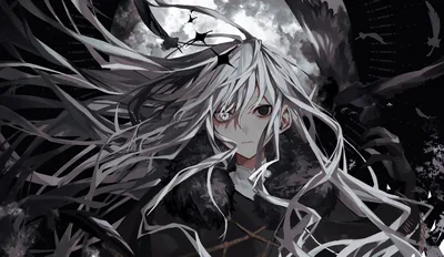 Her hair whips loose across the frame as crows scatter behind her and a full moon sits just off her shoulder, all in cold grey.