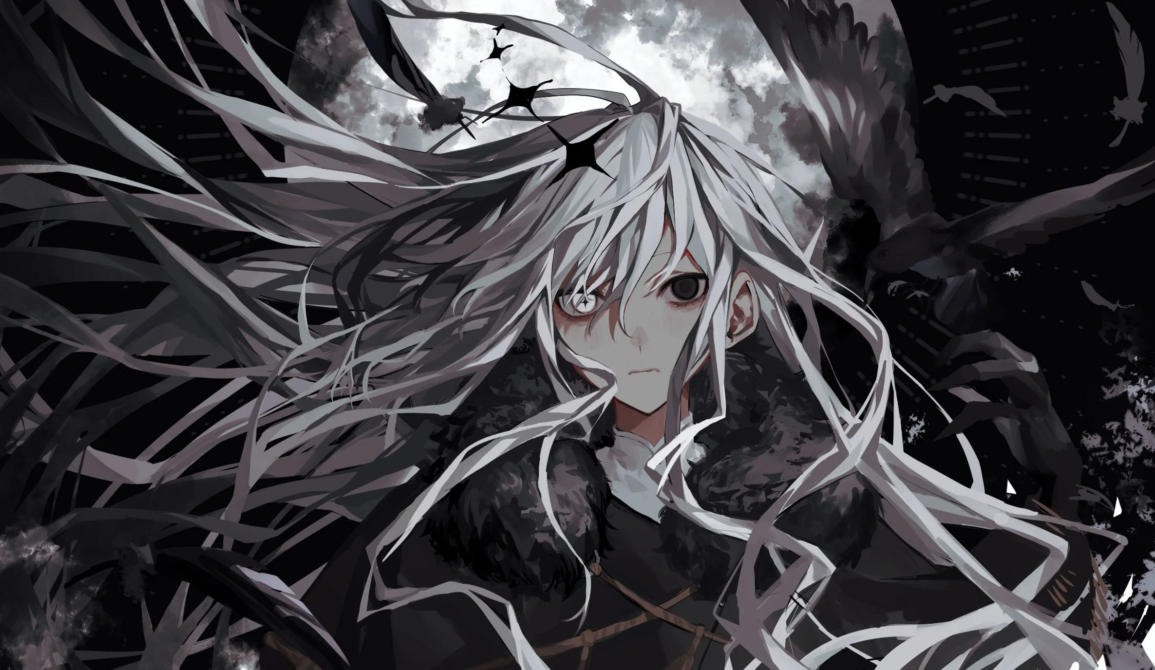 Her hair whips loose across the frame as crows scatter behind her and a full moon sits just off her shoulder, all in cold grey.