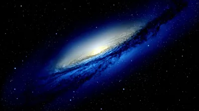 A spiral galaxy leans across the frame at an angle, its yellow-white core burning through blue dust while the corners stay empty black.